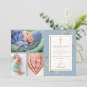 Baptism Christening Greenery 3 Foto Dusty Blue Bedankkaart (Staand voorkant)