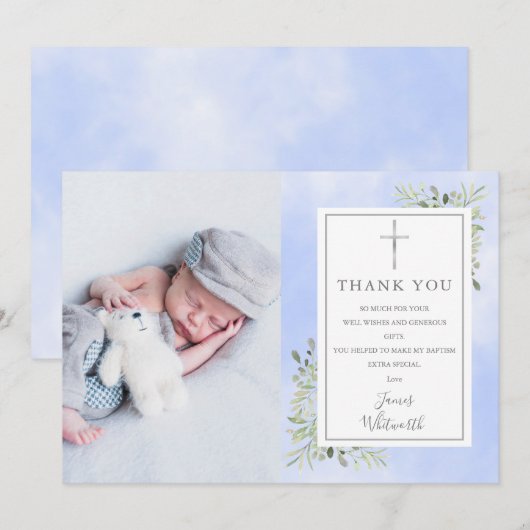 Baptism Christening Greenery Blue Waterverf Foto Bedankkaart (Voorkant / Achterkant)