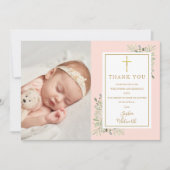 Baptism Christening Greenery Blush Pink Foto Bedankkaart (Voorkant)