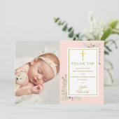 Baptism Christening Greenery Blush Pink Foto Bedankkaart (Staand voorkant)