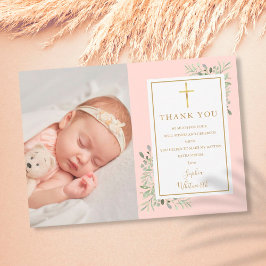 Baptism Christening Greenery Blush Pink Foto Bedankkaart