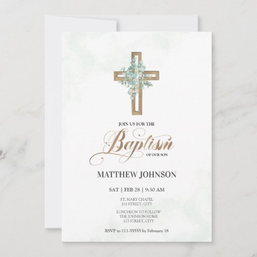 Baptism Christening Greenery Cross Elegant Script Kaart (Voorkant)