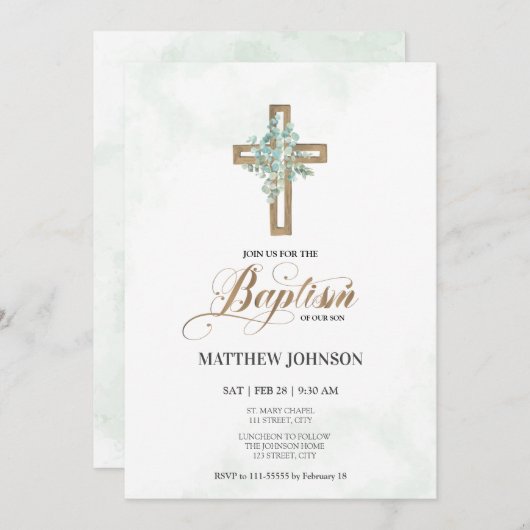 Baptism Christening Greenery Cross Elegant Script Kaart (Voorkant / Achterkant)
