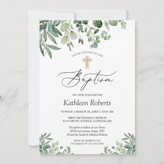 Baptism Christening | Greenery Eucalyptus Leaves Kaart (Voorkant)