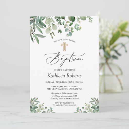 Baptism Christening | Greenery Eucalyptus Leaves Kaart (Staand voorkant)