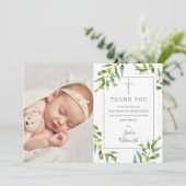 Baptism Christening Greenery Foliage Foto Bedankkaart (Staand voorkant)