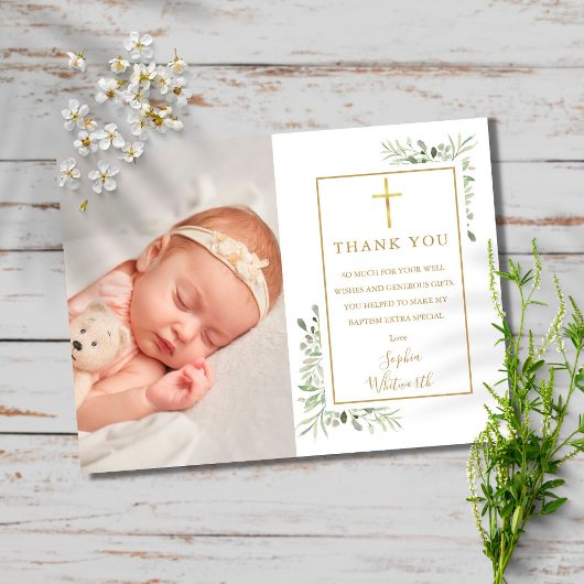 Baptism Christening Greenery Foto bedankt Briefkaart