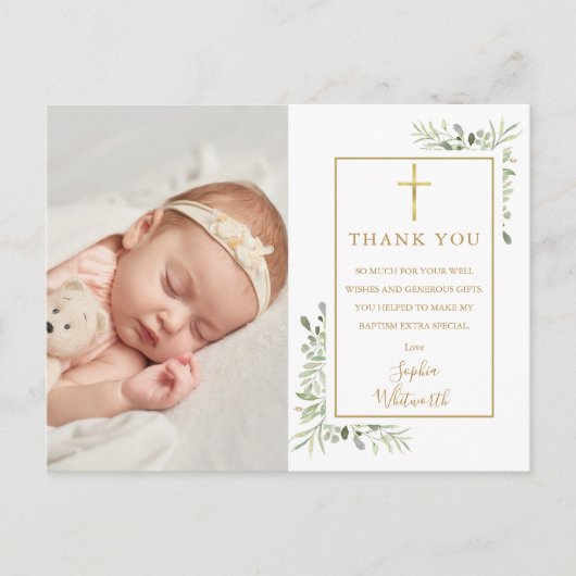 Baptism Christening Greenery Foto bedankt Briefkaart (Voorkant)