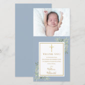 Baptism Christening Greenery Foto Blue Bedankkaart (Voorkant / Achterkant)