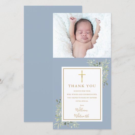 Baptism Christening Greenery Foto Blue Bedankkaart (Voorkant / Achterkant)