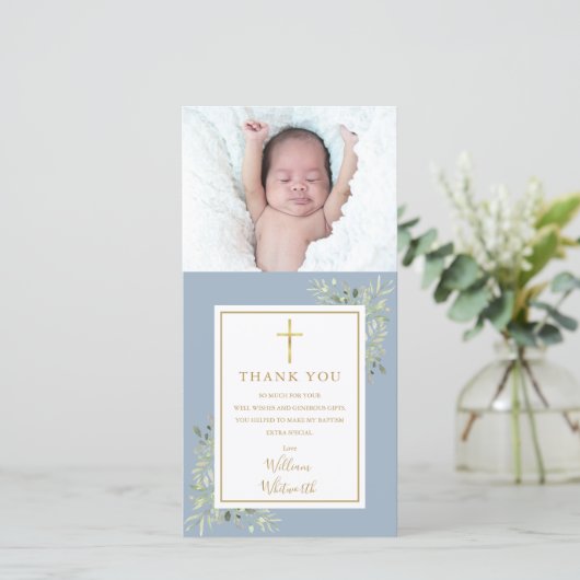 Baptism Christening Greenery Foto Blue Bedankkaart (Staand voorkant)