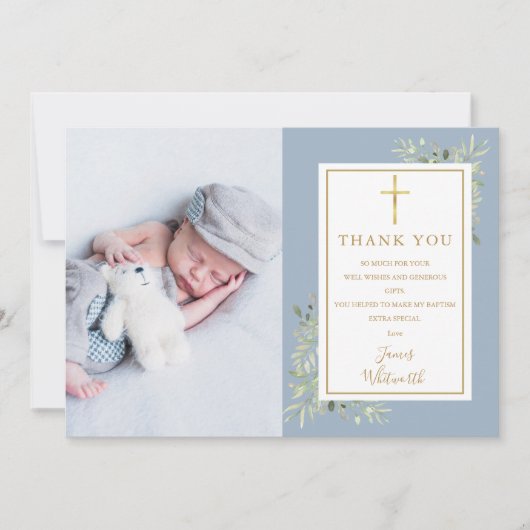 Baptism Christening Greenery Foto Blue Boy Bedankkaart (Voorkant)