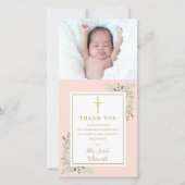 Baptism Christening Greenery Foto Blush Pink Bedankkaart (Voorkant)