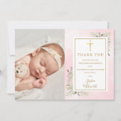 Baptism Christening Greenery Foto Roze Waterverf Bedankkaart (Voorkant)