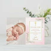 Baptism Christening Greenery Foto Roze Waterverf Bedankkaart (Staand voorkant)