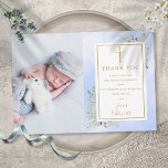Baptism Christening Greenery Fotoblauwe Waterverf Bedankkaart<br><div class="desc">Gold signature blue waterverf greenery floral,  baptism christening foto bedankt je kaart. personaliseer je foto en speciaal baptisme,  christenen bedanken je bericht in elegante gouden typografie. Ontworpen door: Thisnotme©</div>