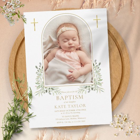 Baptism Christening Greenery Gold Arch Foto Kaart