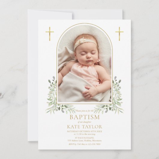Baptism Christening Greenery Gold Arch Foto Kaart (Voorkant)