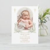 Baptism Christening Greenery Gold Arch Foto Kaart (Staand voorkant)