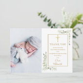 Baptism Christening Greenery Gold Cross Foto Bedankkaart (Staand voorkant)