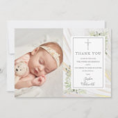 Baptism Christening Greenery Marble Swirl Foto Bedankkaart (Voorkant)