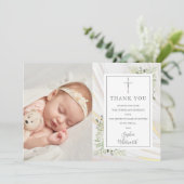 Baptism Christening Greenery Marble Swirl Foto Bedankkaart (Staand voorkant)