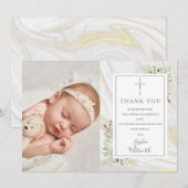 Baptism Christening Greenery Marble Swirl Foto Bedankkaart (Voorkant / Achterkant)