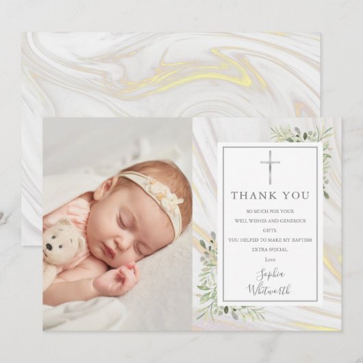 Baptism Christening Greenery Marble Swirl Foto Bedankkaart (Voorkant / Achterkant)
