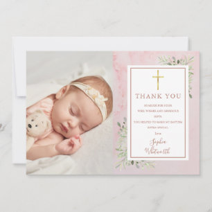 Baptism Christening Greenery Pink Marble Foto Bedankkaart
