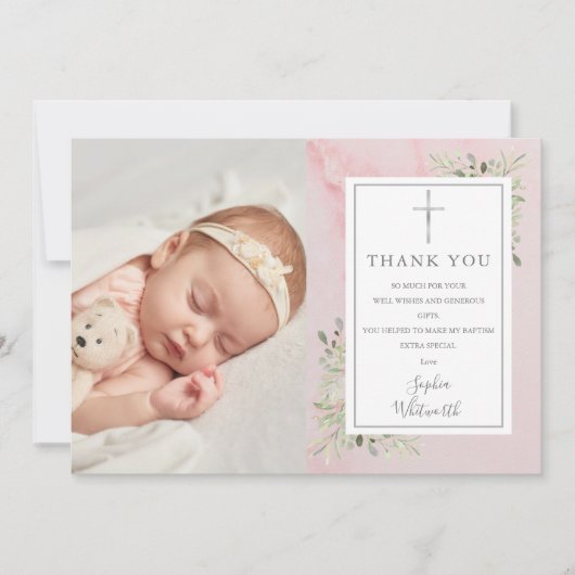 Baptism Christening Greenery Pink Marble Foto Bedankkaart (Voorkant)