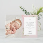 Baptism Christening Greenery Pink Marble Foto Bedankkaart (Staand voorkant)