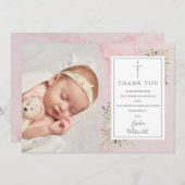 Baptism Christening Greenery Pink Marble Foto Bedankkaart (Voorkant / Achterkant)