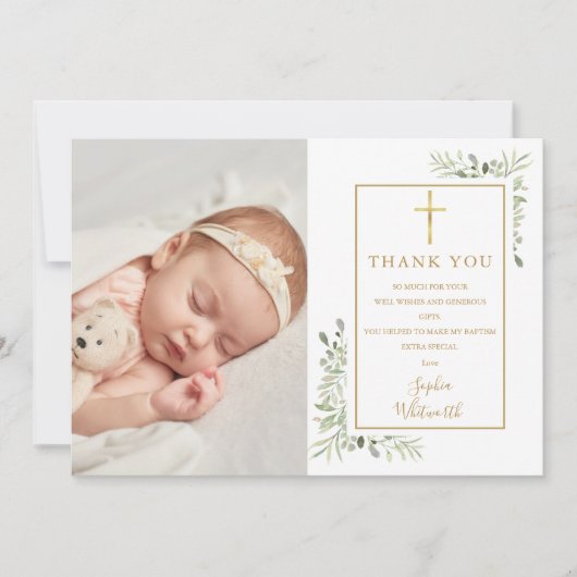 Baptism Christening Greenery Waterverf 2 Foto Bedankkaart (Voorkant)