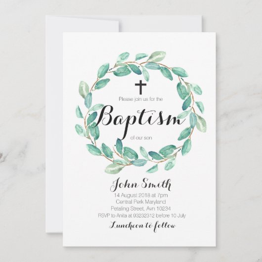 Baptism Christening Invitation Card Greenery Kaart (Voorkant)