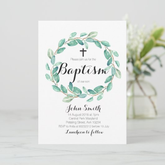 Baptism Christening Invitation Card Greenery Kaart (Staand voorkant)