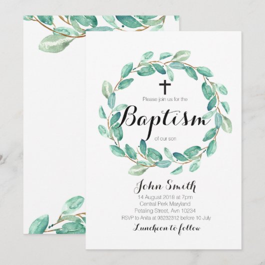 Baptism Christening Invitation Card Greenery Kaart (Voorkant / Achterkant)