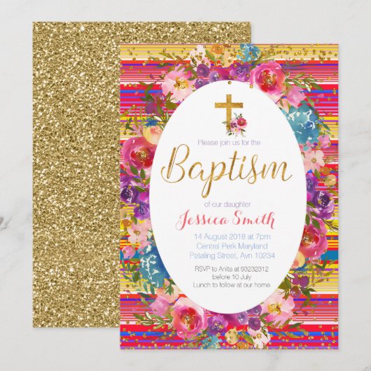 Baptism Christening Invitation Mexican Fiesta Gold Kaart (Voorkant / Achterkant)