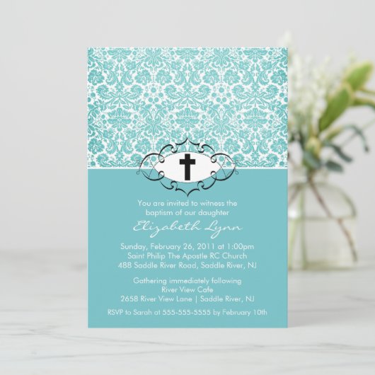 Baptism Christening Invitations Blue Damask Kaart (Staand voorkant)