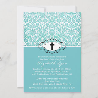 Baptism Christening Invitations Blue Damask Kaart