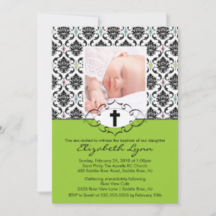 Baptism Christening Invitations Photo Black Damask Kaart