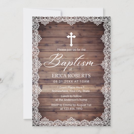 Baptism Christening  Lace Rustic Wooden Kaart (Voorkant)