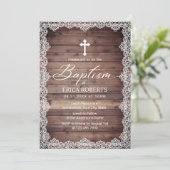 Baptism Christening  Lace Rustic Wooden Kaart (Staand voorkant)