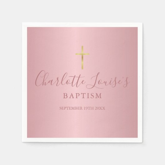 Baptism Christening Modern Roos Gold Script Napkin Servet (Voorkant)