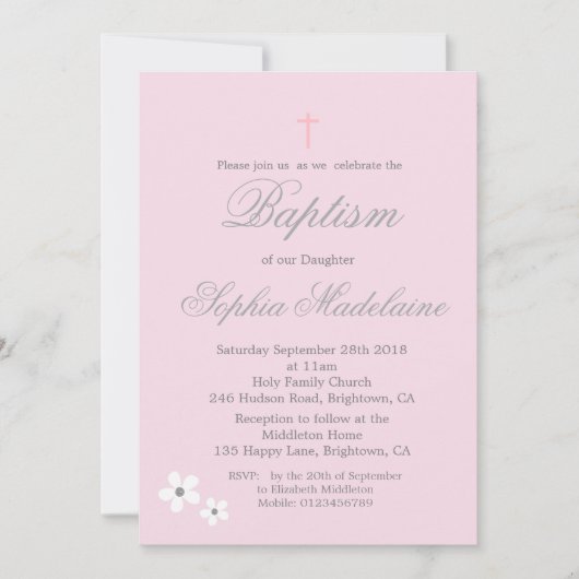 Baptism Christening Pink Daisy Silver Girl Kaart (Voorkant)