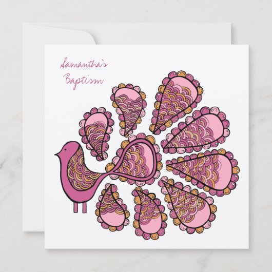 Baptism Christening Pink Peacock Uitnodiging (Voorkant)