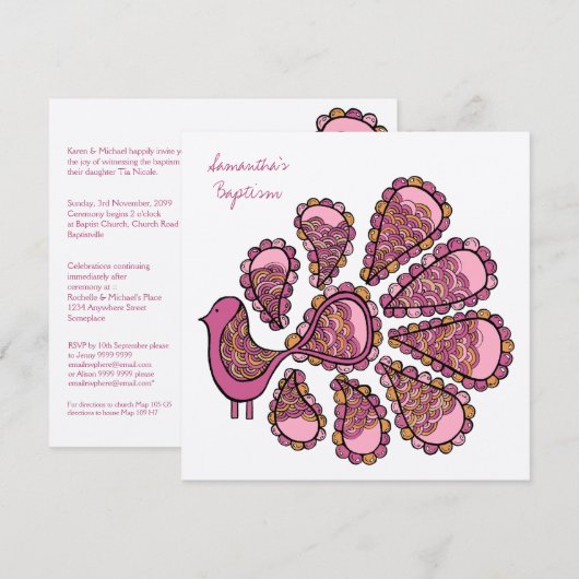 Baptism Christening Pink Peacock Uitnodiging (Voorkant / Achterkant)