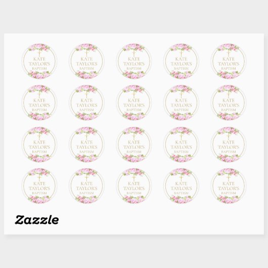  Baptism Christening Pink Rose Floral Favor Ronde Sticker (Vel)