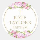  Baptism Christening Pink Rose Floral Favor Ronde Sticker (Voorkant)