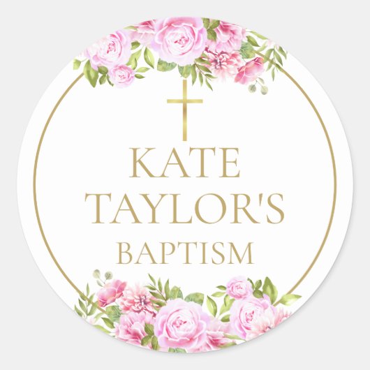  Baptism Christening Pink Rose Floral Favor Ronde Sticker (Voorkant)