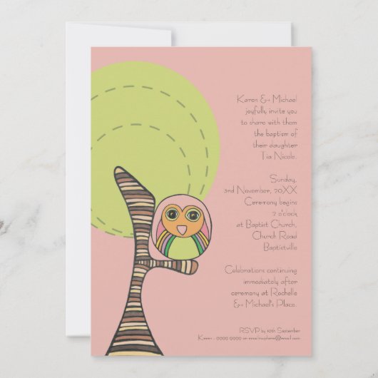 Baptism Christening Retro Stripes Owl Uitnodiging (Achterkant)